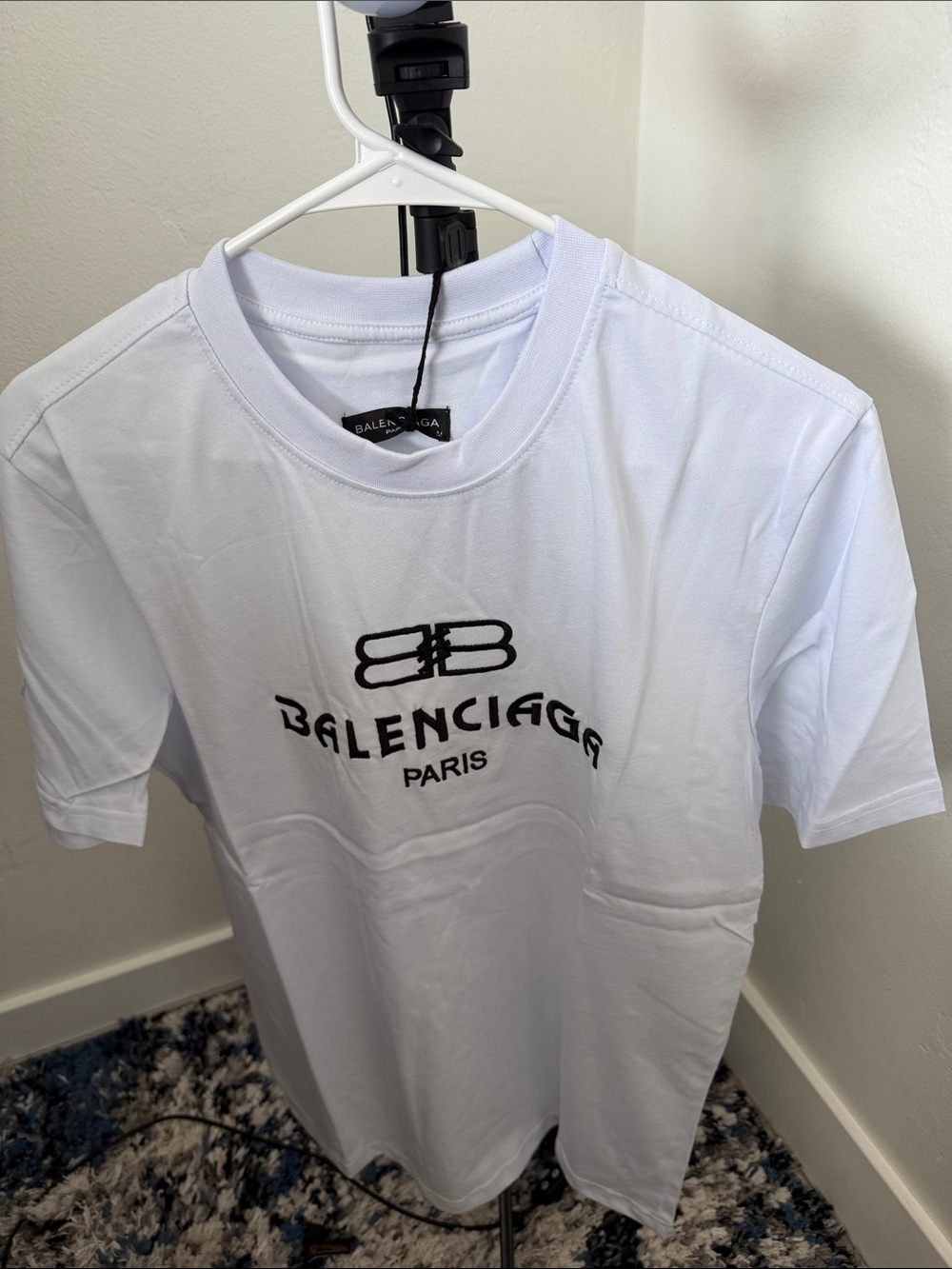 Balenciaga White Short Sleeve Logo Tee with Black Embroidery